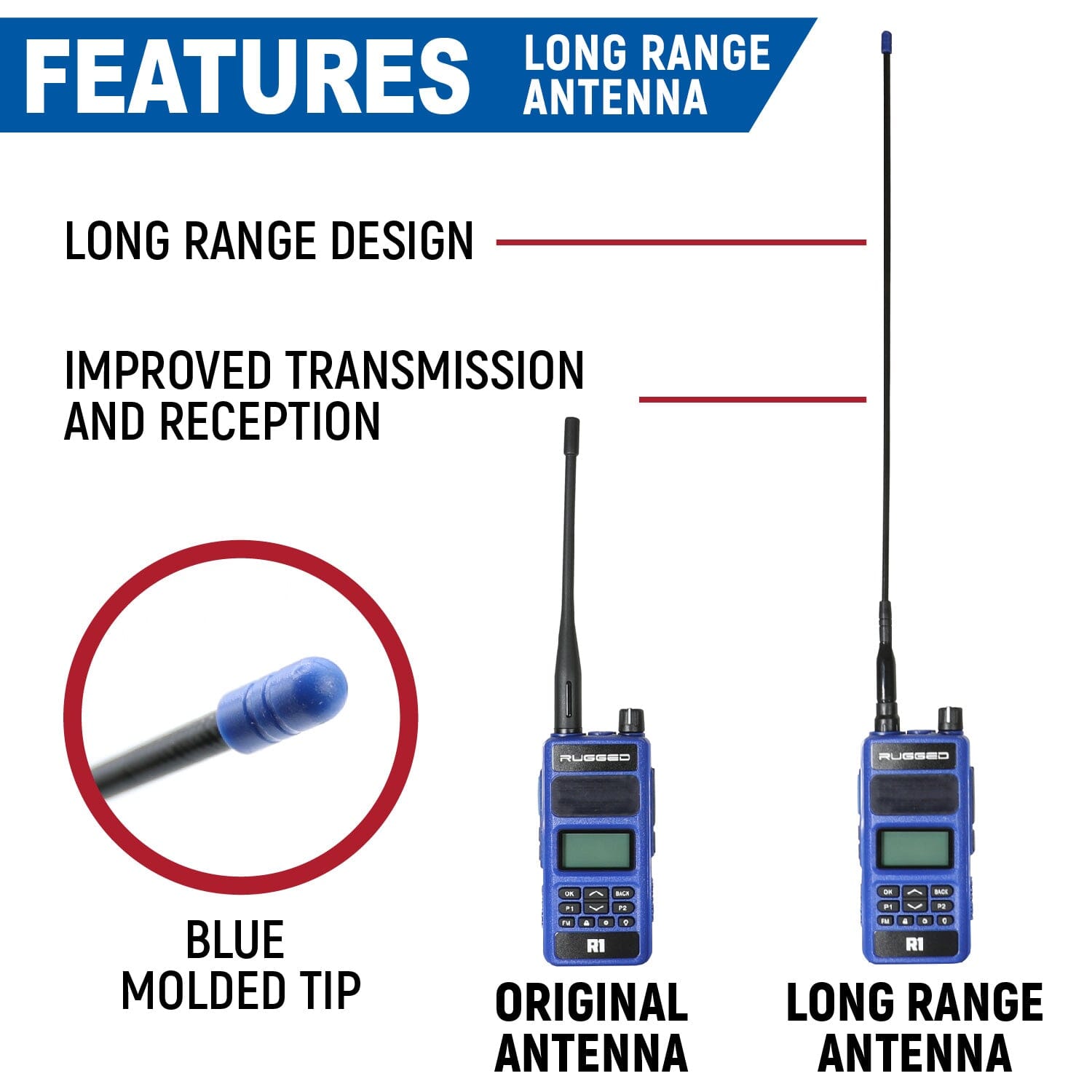 BUNDLE - Rugged R1 - Handheld Radio with Long Range Antenna and High Capacity Battery